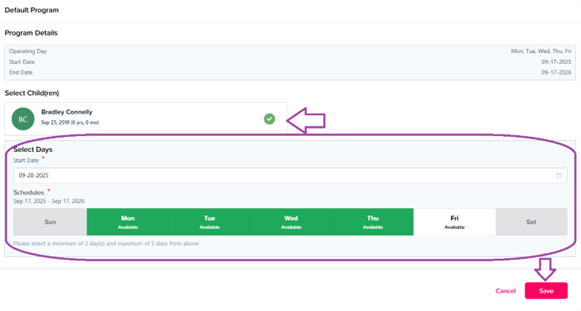 Schedule configuration screen