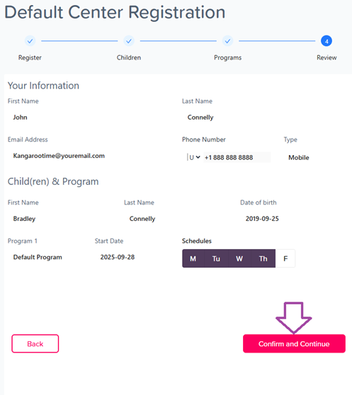 Review Registration screen