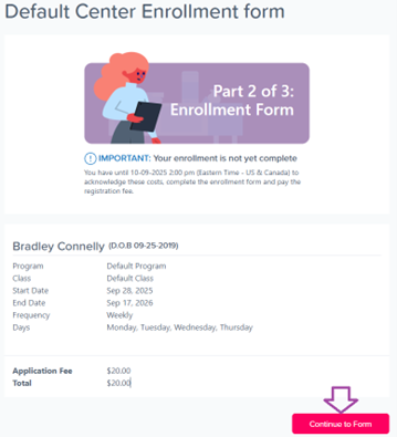Continue to Form screen