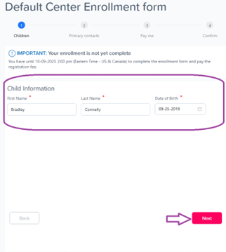 Child Information screen
