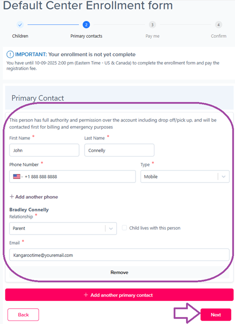 Primary Contact Information screen