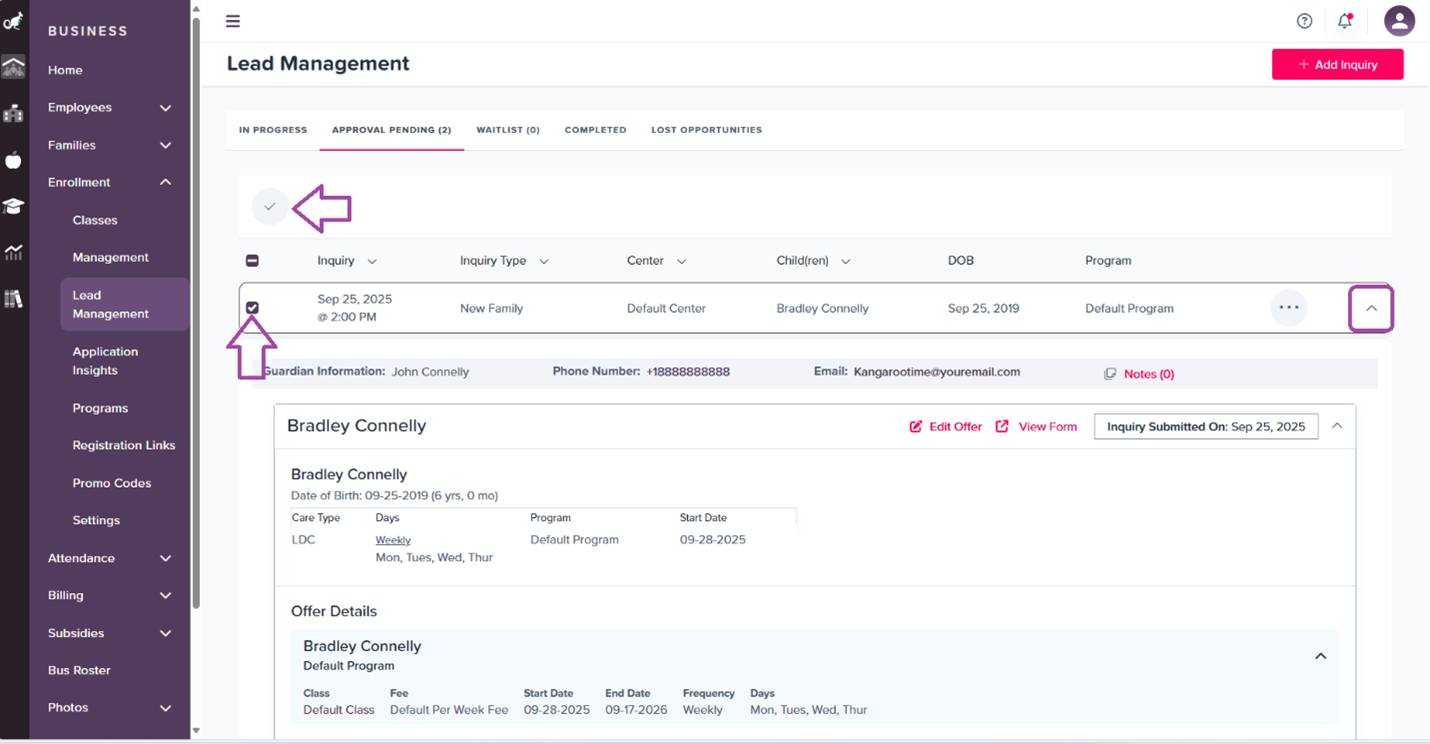Lead management screen