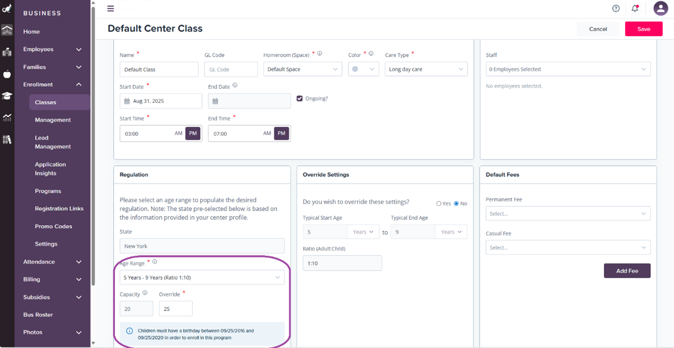 Classes overview screen