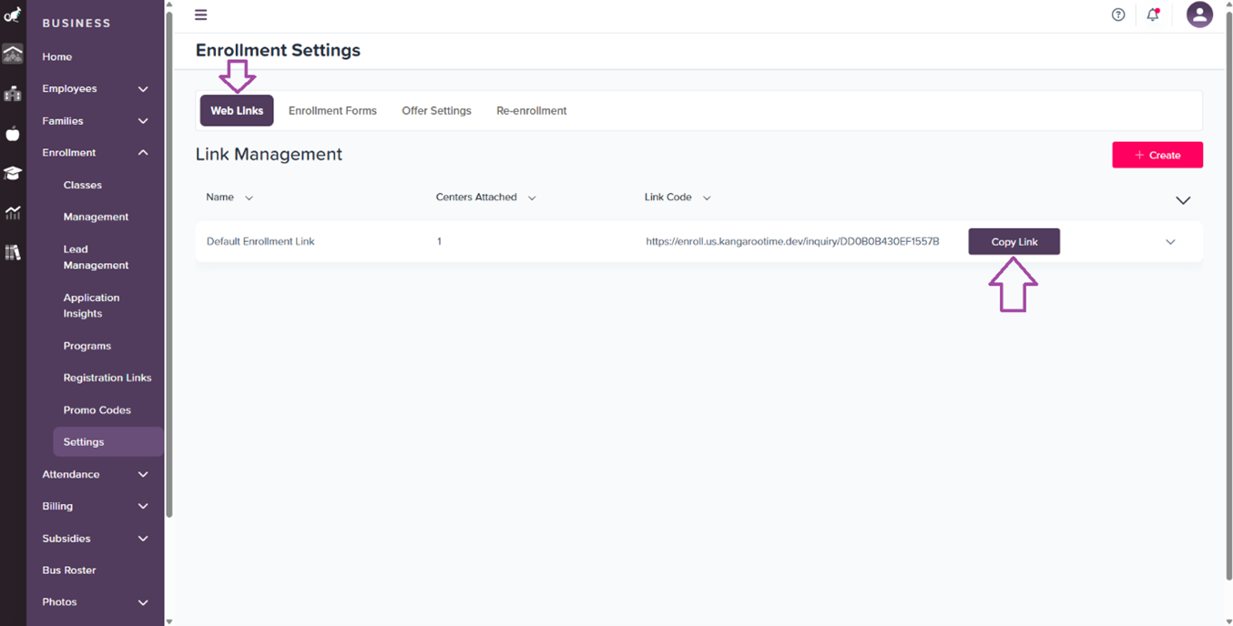 Web links settings page
